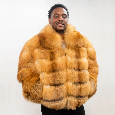 Men Real Red Fox Fur Lapel Bomber Jacket Man Winter Genuine Fur Coat Zip Closure - Image 1 of 4