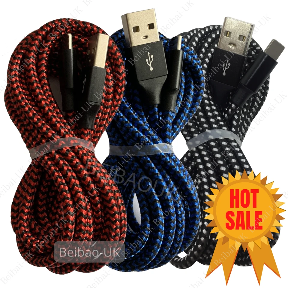 3Pack 10FT For iPhone 14 12 13 11 8 Fast Charging Data Cord Heavy Duty USB Cable - Image 1 of 4