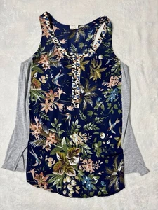 Tiny Anthropologie Zuma Navy Blue Gray Bird Floral Print Tank Top Blouse Size XS - Bild 1 von 9