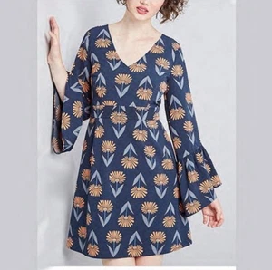 ModCloth Dress Blue Floral Through The Bluebells Bell Slv Romantic Boho Size L - Picture 1 of 10