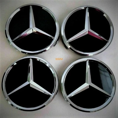 4 Stück Nabenkappen/Nabendeckel 75mm Schwarz Glanz Chrom für Mercedes-Benz - Image 1 of 4