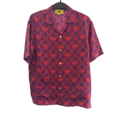 GUCCI Adidas Colaboración Manga Corta Camisa Bowling Rojo Púrpura Seda GG Foto 1 de 4
