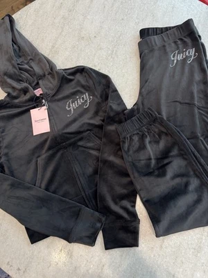 JUICY COUTURE XS 丝绒闪亮 Scrunchend 运动服 连帽裤 黑色 非常罕见 — 第 1/4 张图片