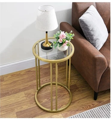 Gold Metal Framed Tempered Glass Round Accent Table Modern Brand New Free Ship - Image 1 of 4