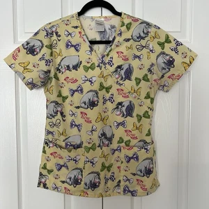 Disney Winnie The Pooh Eeyore XS/XCH Yellow Women’s Scrub Top With 0h Bow Is Me - Picture 1 of 6