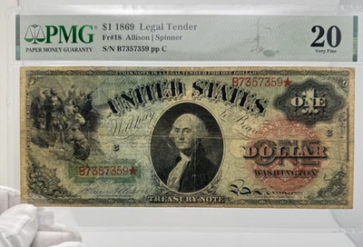 Billete estrella de $1 de los Estados Unidos de 1869 PMG VF20 Fr#18 Allison/Spinner Foto 1 de 2