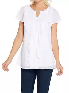 ISAAC MIZRAHI LIVE! Size 14 Clip Dot Blouse with Ruffles and Lace WHITE - Picture 1 of 2