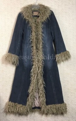 Y2K 罕见牛仔毛茸人造毛皮全长外套 Maurices 原装所有者清洁 — 第 1/4 张图片