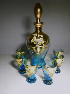 Türkis Böhmisch Tschechisch Gold Emaille Paste Blumen Karaffe & 6 Likör Gläser - Bild 1 von 6