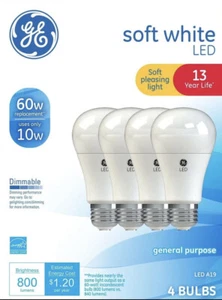 GE LED A19 Light Bulb E26 Medium Base Soft White 10W (60 Watt Equiv), 4-Pack - Picture 1 of 1