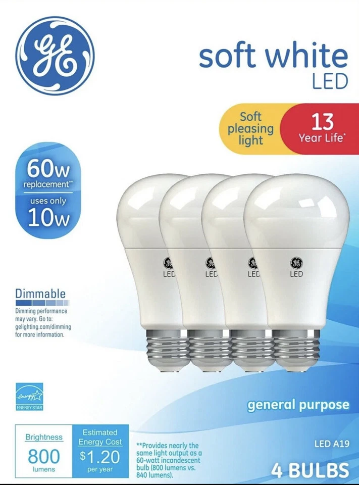 GE LED A19 Light Bulb E26 Medium Base Soft White 10W (60 Watt Equiv), 4-Pack - Image 1 of 1