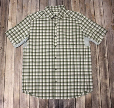 REI M Hombre Camisa de Pesca Botón Frontal Verde Blanco Cuadros Cuello Malla Bolsillos Usada en Excelente Condición Foto 1 de 4