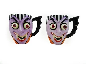 TWO 2002 Dept 56 Halloween Google Eyes Mug Vampire Coffee Cup Vintage Set 2 BOO - Picture 1 of 13