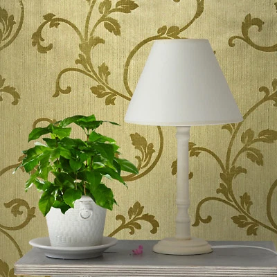 Flock Wallpaper Mustard Yellow Gold Velvet Textured Damask Wall coverings rolls - Image 1 of 4