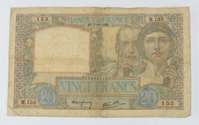 1939 France 20 Francs Note // "Science et Travail" Very Good Condition // P#92a - Image 1 of 3