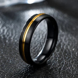 18K Gold+Black Plating Titanium Steel Band Ring Men's Anniversary Ring Size 6-13 - Picture 1 of 5