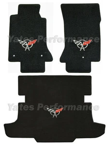 C5 Corvette Coupe Classic Loop Black Floor & Trunk Mat Set w Silver Flags Logo - Bild 1 von 4