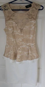 Women AX Paris Dress 12 Cream & Gold Lace Peplum Waist Open Back Bodycon - Picture 1 of 5