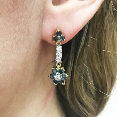 2.7 克拉天然亚历山大石钻石纯 14k 2 色黄金吊坠花朵耳环 — 第 1/4 张图片