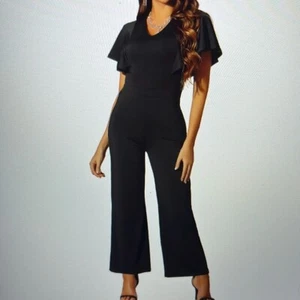 Allegra K Womens M Jumpsuit Black V Neck High Waist Flutter Short Sleeve Wide NW - Picture 1 of 11