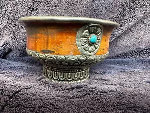 Beautiful Antique Tibet Asian Cup or Bowl Metal & Wood 3 Semi Precious Stones - Picture 1 of 14