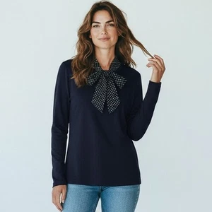 Tommy Hilfiger Langarmpullover dunkelblau weiß gepunktet zum Binden Damen Medium - Bild 1 von 7