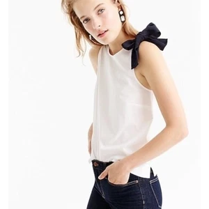 NWT J. Crew Sleeveless Scoop Neck Top White Black Shoulder Bow Size 2 Cotton - Picture 1 of 9