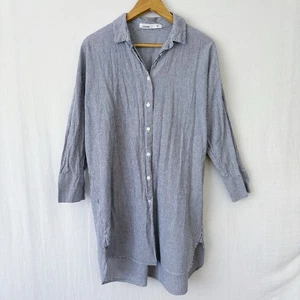 Loytaa Japan Shirt Size S-M Navy Blue White Stripe Tunic Linen Cotton Button Up - Picture 1 of 11