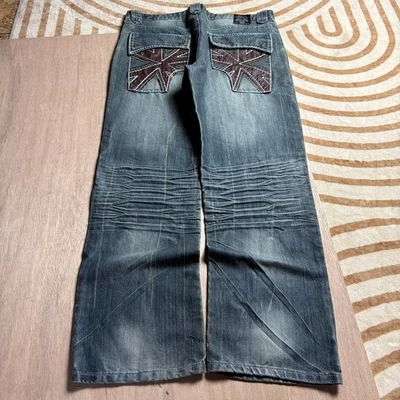 VINTAGE G-UNIT • W39 UNION JACK LEATHER BAGGY JEANS - Image 1 of 4