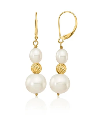 14K Solid Two Tone Gold Round Rice Freshwater Cultured Pearland Beaded Dangle... - Image 1 of 4