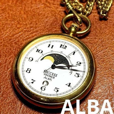 [Near MINT] SEIKO Alba Sucess V338-0010 Gold Moon Phase Quartz 40mm Pocket Watch - Image 1 of 4