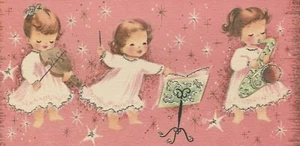 Vintage Christmas Card Angel Band Pink Silver Trim With Envelope Sunshine - Picture 1 of 4