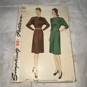 Vintage c.1946 SIMPLICITY pattern 1424 sz 14 - Bust 32"/82cm -USED but complete - Picture 1 of 4