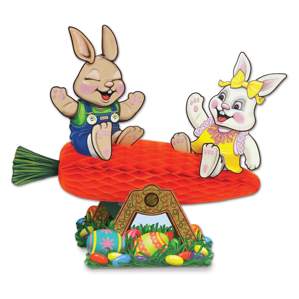 EASTER CARROT HONEYCOMB SEESAW WITH BUNNIES CENTREPIECE PARTY TABLE DECORATION - Image 1 of 3