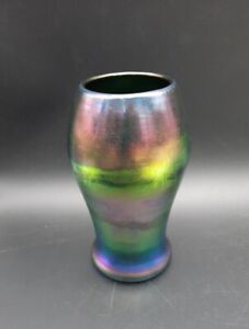 Antique Quezal Art Glass Vase Green Purple Yellow Great Irridescent Colors 7.5"