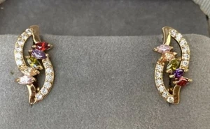 New Yellow Gold Plated Multi-Color Marquis & Round CZ Leverback U Hoop Earrings - Picture 1 of 4