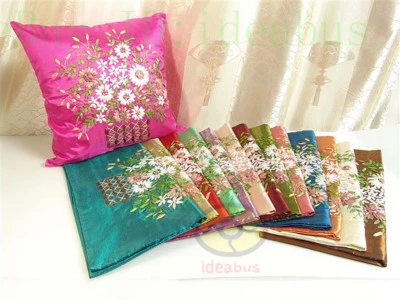 Square Chinese Hand Ribbon Embroidered Floral Satin Cushion Cover/Pillow case - Image 1 of 4