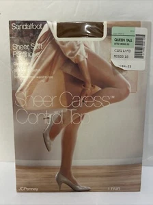 JC Penney Sheer Caress Pantyhose Beige 05 Queen Tall Sandalfoot Control Top New - Picture 1 of 6