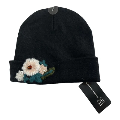 International Concepts Womens Beanie Hat Black Floral Embroidered One Size New - Image 1 of 4
