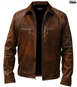 Braune Herren Biker Motorrad Hemd Stil Cafe Racer Echtleder Jacke - Bild 1 von 9