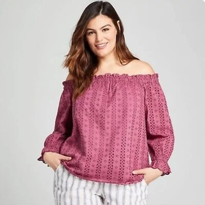Top Lane Bryant Ojales Algodón Hombro Descubierto Rosa Profundo Talla Grande 22/24 Nuevo con Etiquetas* Foto 1 de 3