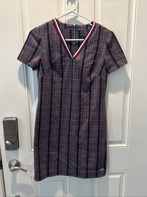 Tommy Hilfiger Blue and White Check Off The Shoulder Swing Dress Sz 2 Tweed USA - Image 1 of 4