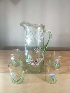 Vintage Kristallklarglas handbemalt großer Krug mit vier Gläsern hellgrün - Bild 1 von 8
