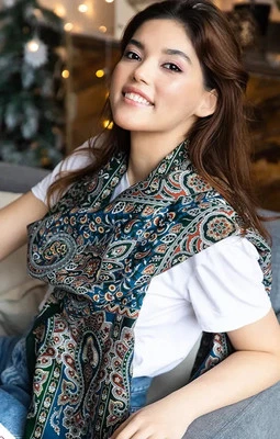 27x78” very large long scarf merino wool autumn green blue stole Russian 1881 - Image 1 of 4