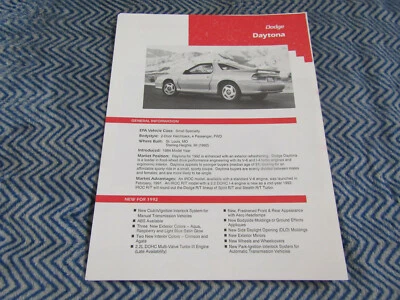 Dodge Daytona 1992 kit de paquete de comunicado de prensa con conjunto de fotos y comunicados de prensa Foto 1 de 3