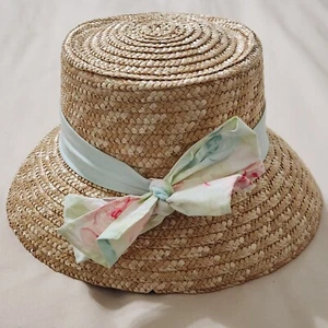 Hartstings Girls Straw Hat Size LARGE Green Dotted Floral Band Vintage Child - Picture 1 of 10
