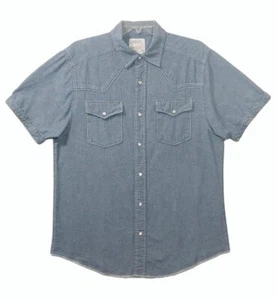 Authentic Shirt Chambray Denim Short Sleeve Pearl Snaps Pockets Blue Womens M - Picture 1 of 7