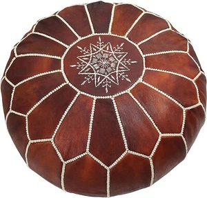 Vintage Moroccan Brown Genuine Ottoman Leather Footstool New Pouf Round Pouffe - Picture 1 of 5