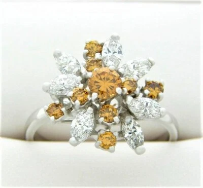 DIAMOND FLOWER CLUSTER RING FANCY ORANGE DIAMOND COCKTAIL RING PLATINUM - Image 1 of 3