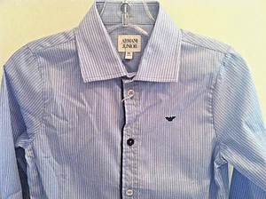 ARMANI JUNIOR BOYS BLUE & WHITE PINSTRIPE BUTTON UP DRESS SHIRT SIZES 4, 5, or 6 - Picture 1 of 8